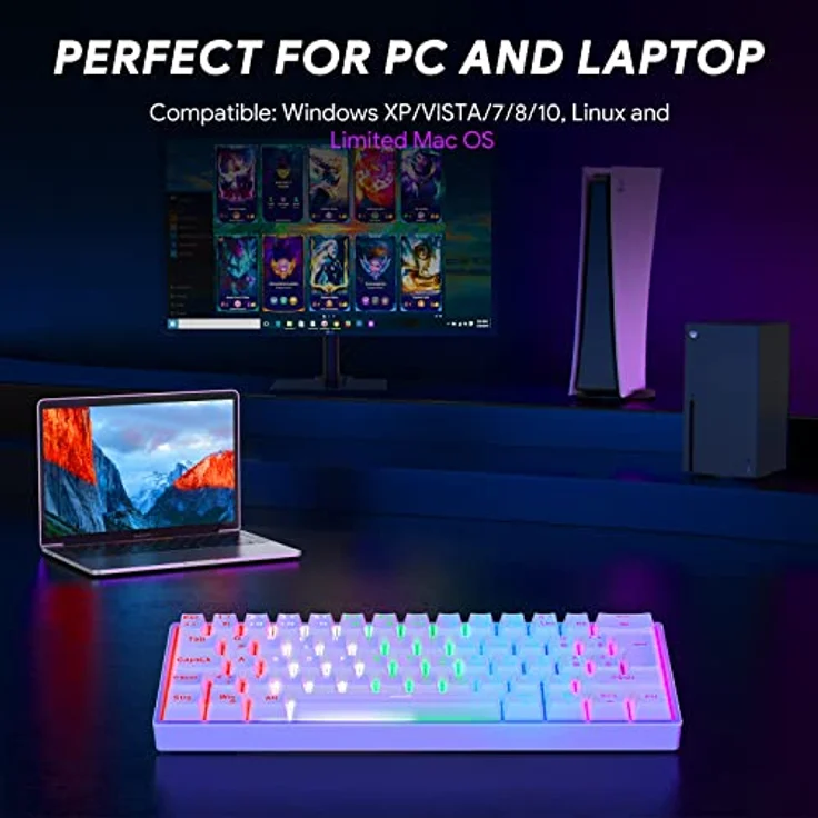 TECURS Gaming Tastatur, Mechanische Tastatur 60% TKL QWERTZ Blaue Schalter, Gamer Tastatur Kabelgebunden 61 Tasten für PC Windows/PS5/PS4, Weiß – Bild 5