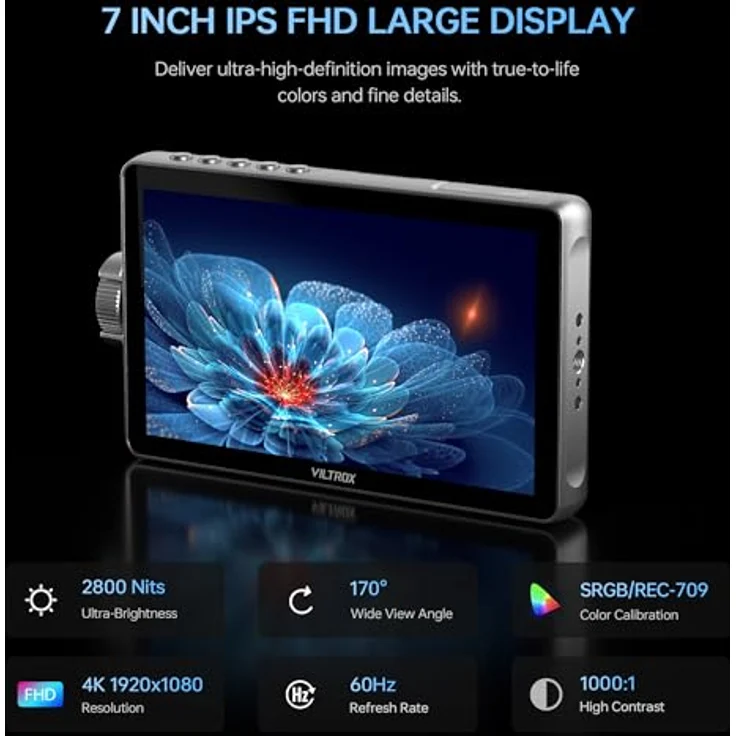 VILTROX DC-A1, 7" Full HD Touchscreen Kamera Field Monitor mit 2800 Nits, 4K HDMI Loop In/Out, 3D LUTs, Waveform, Focus Assist und Akku – Bild 2
