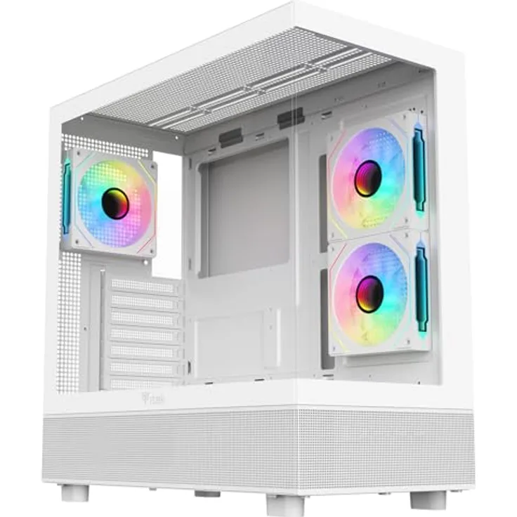 iTek SHOWBUI 42W Gaming Tower ATX PC-Gehäuse mit ARGB-Lüftern, USB3 und Typ-C-Anschluss, gehärtetes Glas, weiß