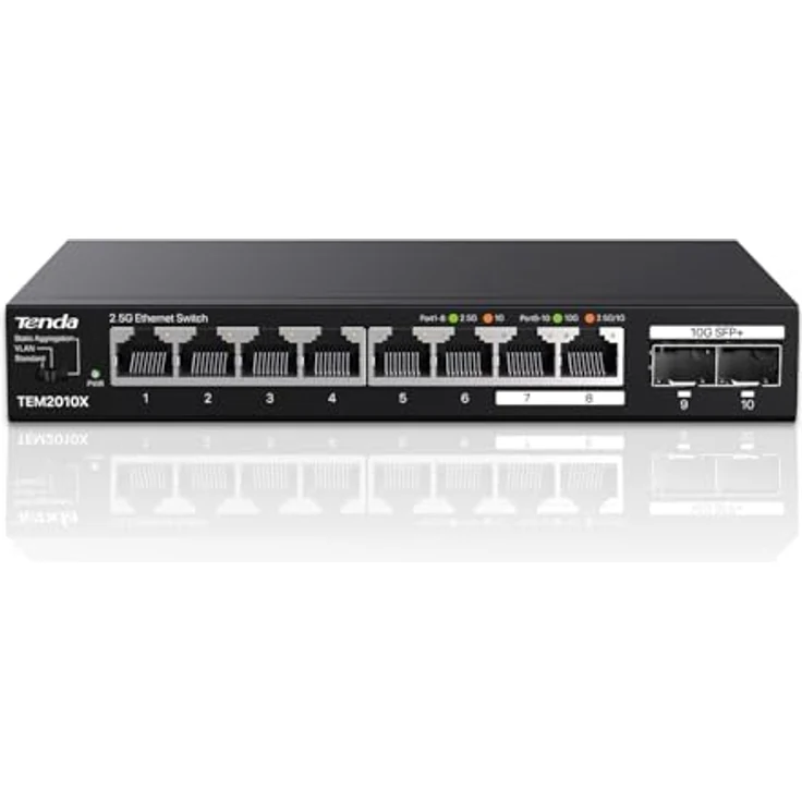 Tenda TEM2010X, 2.5 Gbit Switch mit 8x 2.5G RJ45-Ports & 2x 10G SFP+ Ports, VLAN, statische Aggregation, lüfterlos, metallgehäuse, Plug & Play, Desktop-/Wandmontage – Bild 1