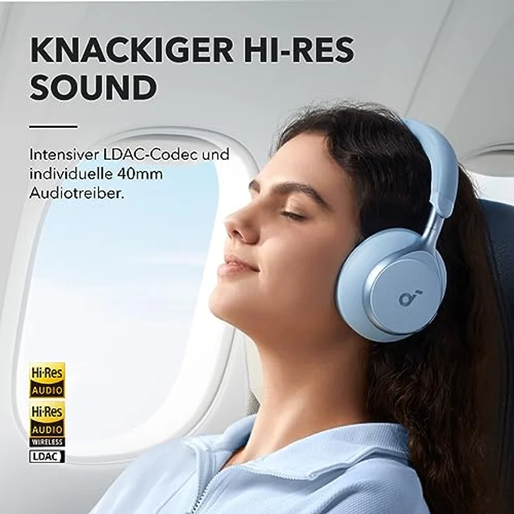 soundcore by Anker, Space One Kabellose Over-Ear Bluetooth Kopfhörer, Aktives Noise Cancelling, 2X stärkere Stimmunterdrückung, 40h Wiedergabe, App, Hi-Res Audio, Bluetooth 5.3 (Himmelblau) – Bild 4