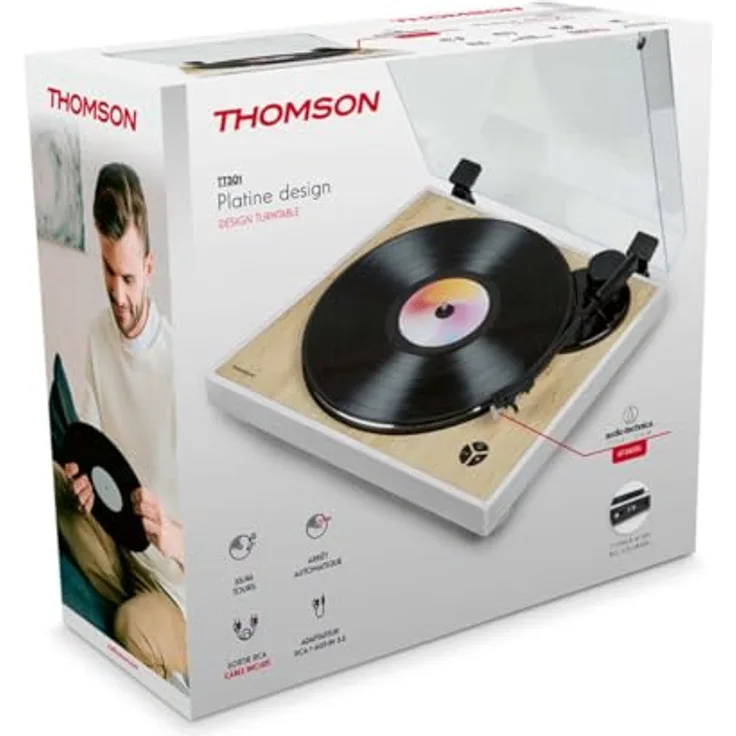 Thomson TT301 Plattenspieler, Riemenantrieb, Weiß und Holz, mit Audio-Technica AT3600L Tonabnehmer und automatischer Abschaltung