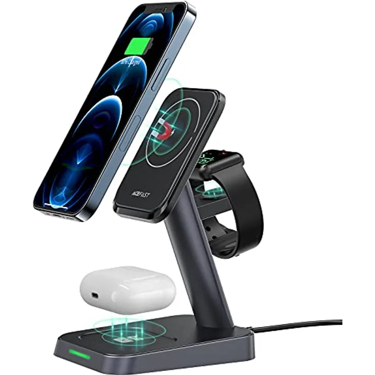Acefast Qi Wireless Charger 15W für iPhone (mit MagSafe), Apple Watch und Apple AirPods Standhalterung Magnethalter schwarz
