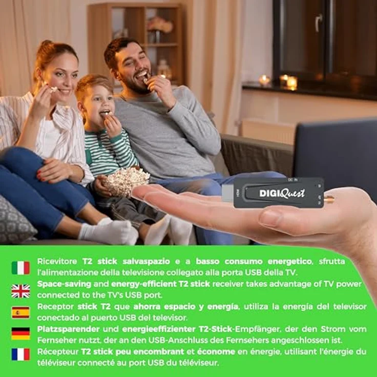 Digiquest DecoderTerrestre XO Stick, DVB-T2, Schwarz - 2-in-1-Fernbedienung, Mediaplayer-Funktion, Energieeinsparung durch USB-Stromversorgung – Bild 3