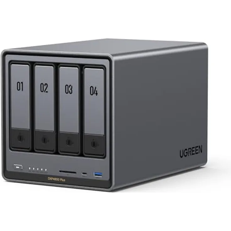 UGREEN NASync DXP4800 Plus 4-Bay Desktop NAS, Intel Pentium Gold 8505 5-Core CPU, 8GB DDR5 RAM, 128G SSD, 1 * 10GbE, 1 * 2,5GbE, 2*M.2 NVMe-Steckplätze, 4K HDMI, Network Attached Storage (Diskless) in Schwarz
