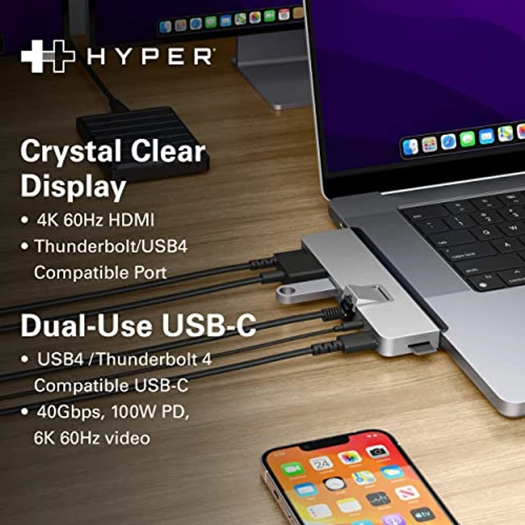 HyperDrive USB-C-Hub, Best Mac USB-C Dual-Hub-Adapter für MacBook Pro13 15 16 Zoll & MacBook Air, 7in2: Typ-C 100W PD, USBC 40 Gbit/s Daten, 4K HDMI, microSD/SD-Kartenleser, 2 x USB 3.1 – Bild 5