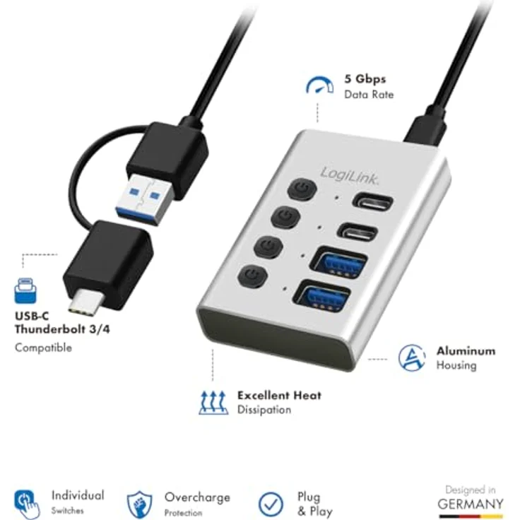 LogiLink UA0446, USB 3.2 Gen1 Hub mit 4-Ports, USB Typ A & C, An-/Ausschalter, Aluminium, inkl. PD 20 W Ladegerät – Bild 4
