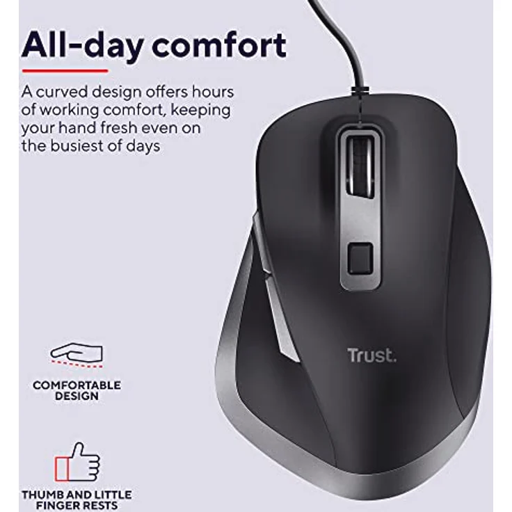 Trust Fyda PC Maus mit Kabel, Nachhaltiges Design, 600-5000 DPI, 6 Tasten, Daumen- und Fingerauflage, USB Maus 150 cm, Ergonomische Maus für Laptop, PC, MacBook, Büro, Komfortables Arbeiten, Schwarz – Bild 4
