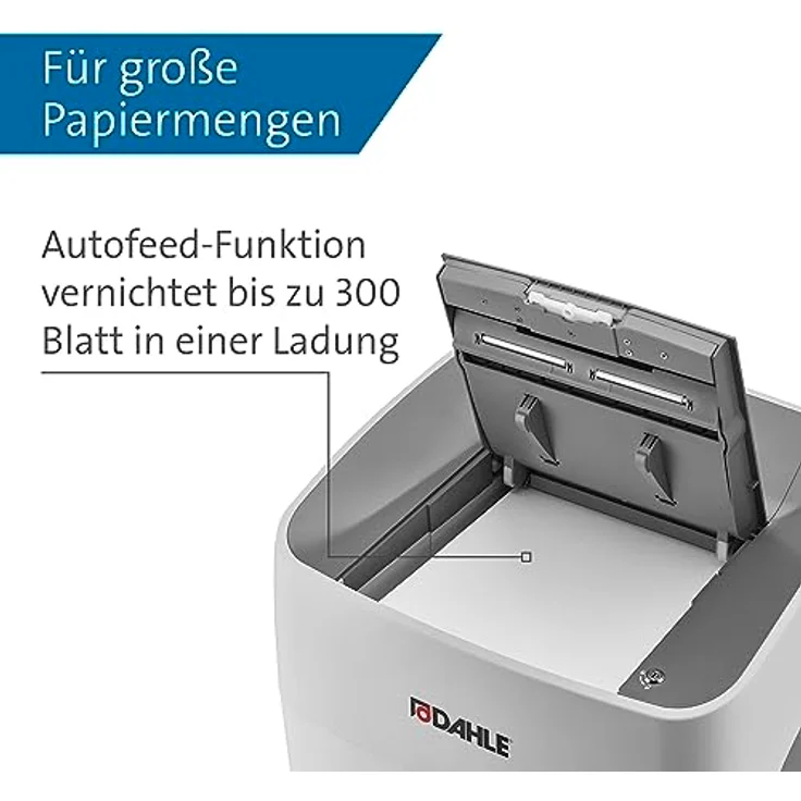 Dahle ShredMATIC 300 P5 Aktenvernichter (Autofeed 300 Blatt, 480 Minuten Laufzeit, Lange Lebensdauer, Partikelschnitt 2 x 15 mm) grau – Bild 4