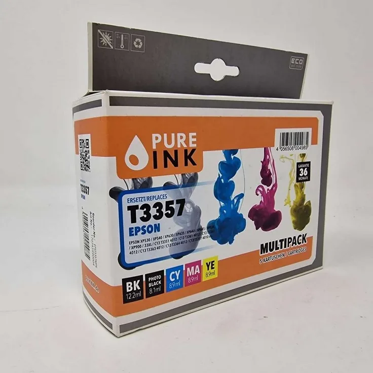Pure Ink Multipack Tintenpatronen für Epson T3357, 5er Set in Orange (1x black 12,2 ml, 1x black 8,1 ml, 1x cyan 8,9 ml, 1x magenta 8,9 ml, 1x yellow 8,9 ml)