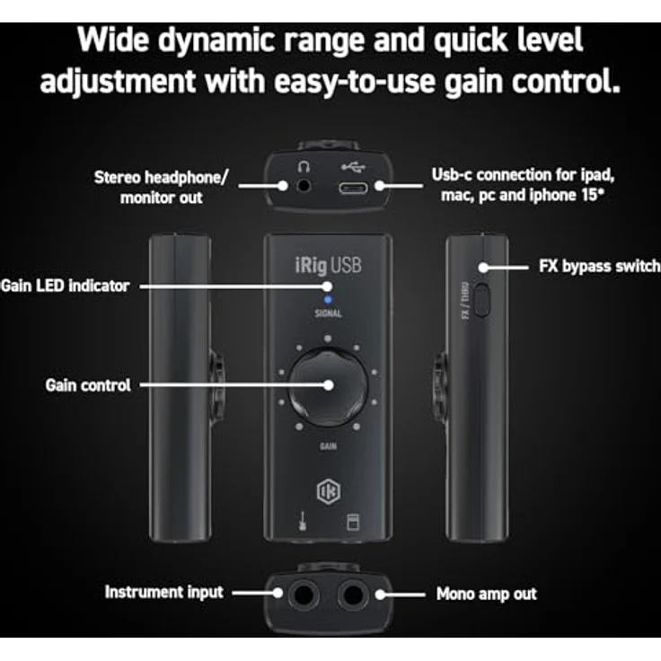 IK Multimedia iRig USB-C Gitarren-USB-Audiointerface für MAC und PC, hochauflösende Audioübertragung, AMP-Ausgang mit zwei FX/Thru-Modi, Eingangsverstärkungsregler, inkl. IK-App und Software-Paket – Bild 4