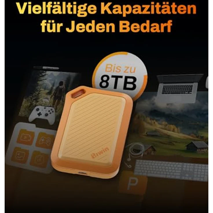 BIWIN Amber PR2000 Externe SSD 1TB, USB 3.2 Gen2x2, bis zu 2000 MB/s, IP67 wasserdicht, Portable NVMe, mit USB-C & USB-A Adapter, Orange – Bild 5