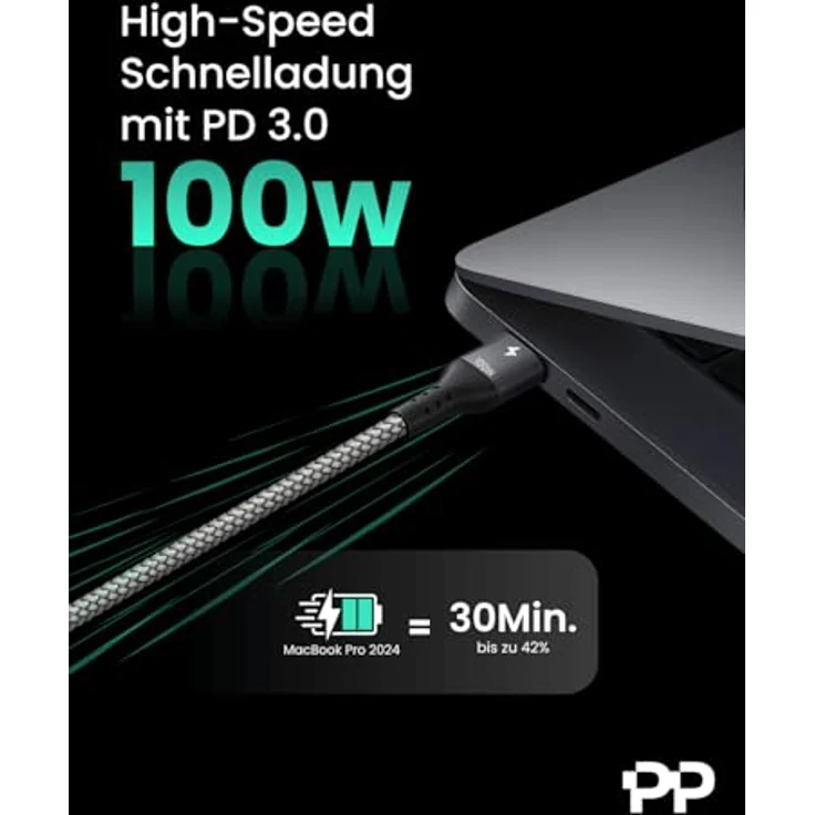 PROFIPATCH ProfiPatch USB C auf USB C Kabel 3m, 100W PD 3.0, 5A, E-Mark Chip, grau, Textil, Schnellladekabel für Notebooks, Laptops und Handys – Bild 2