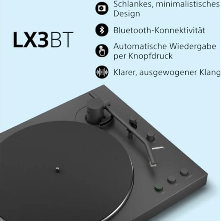 Sony PS-LX3BT, kabelloser Bluetooth-Plattenspieler mit vollautomatischer Wiedergabe, Hi-Res Audio, Riemenantrieb, integriertem Phono-Vorverstärker, 2 Geschwindigkeiten und Staubschutzhaube – Schwarz – Bild 2
