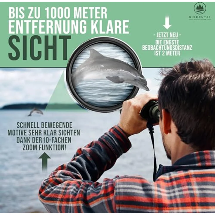 Birkental Fernglas 10x50 HD Zoom, wasserdicht, leicht und kompakt, für Brillenträger, Grün – Bild 5