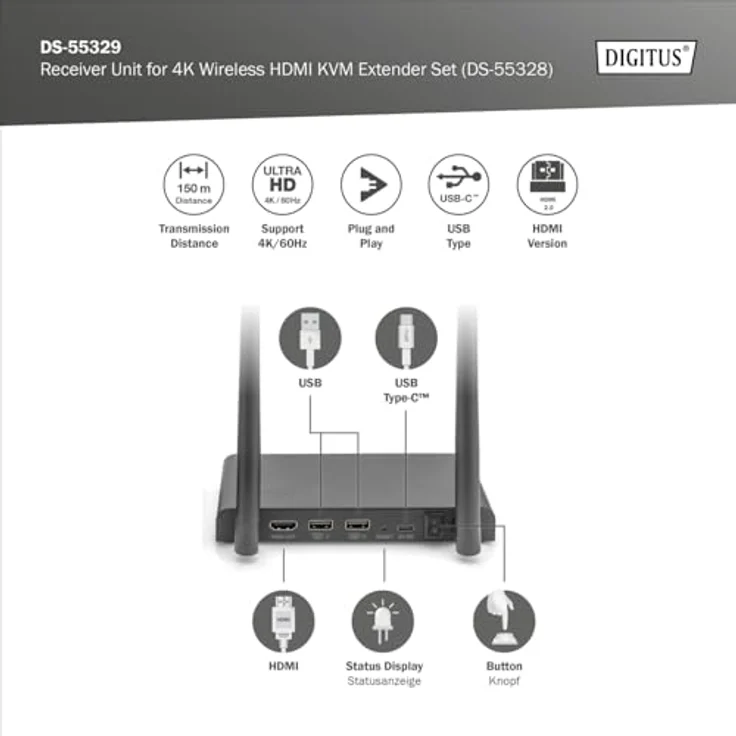 DIGITUS Wireless HDMI KVM Extender - Empfänger-Modul für DS-55328 - UltraHD 4k/30Hz - Reichweite bis 150 m - 2,4/5GHz Dual Band - Schwarz – Bild 2
