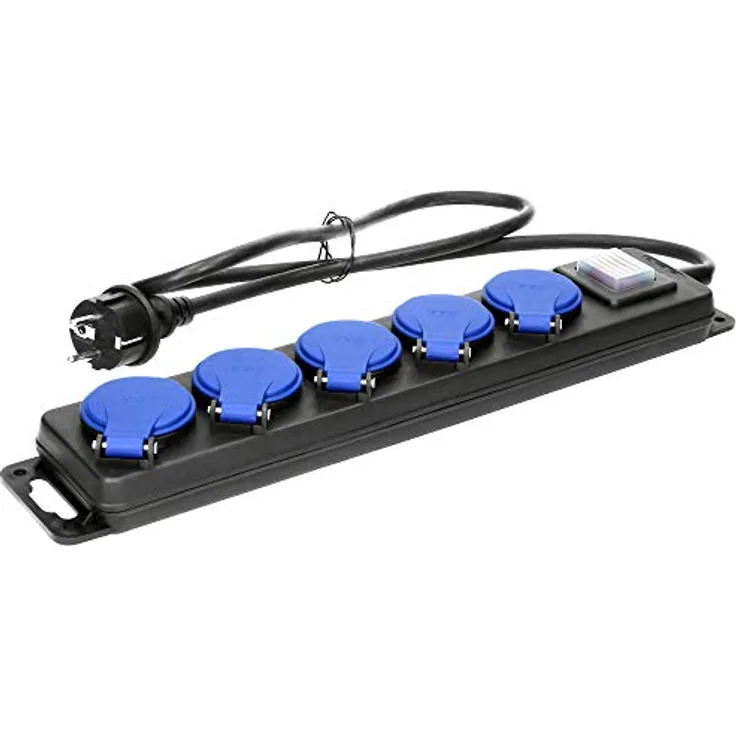 Netzkabel Schutzkontakt-Verlängerung, 5-fach, 5m, 3x1,5mm², IP44, schwarz,