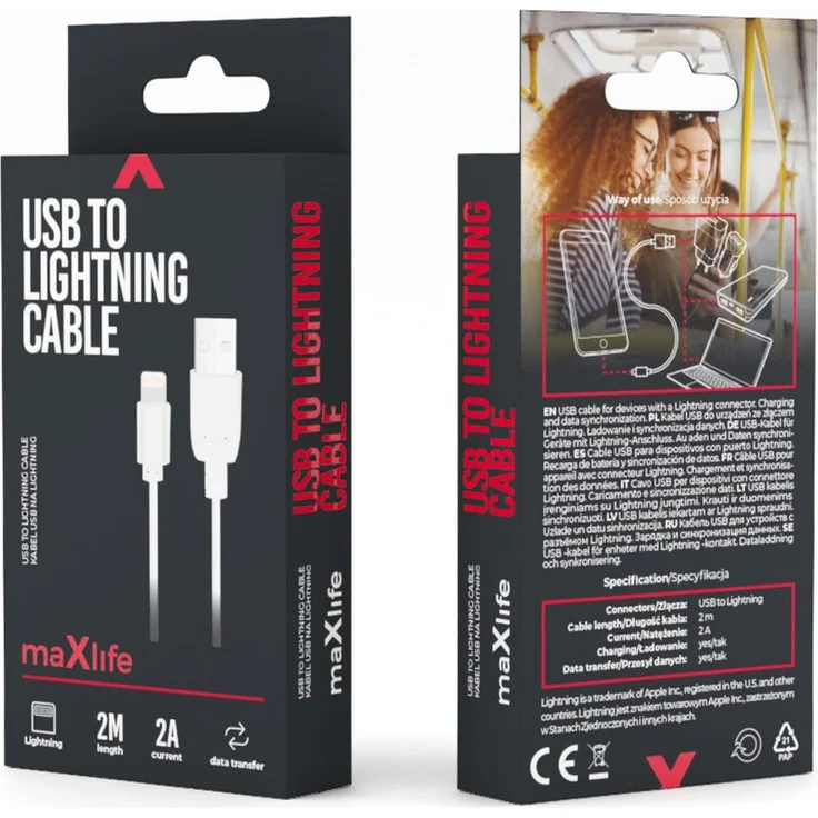 maXlife USB Kabel 2 Meter, Schnellladekabel mit 2A Fast Charge für iPhone, weiß