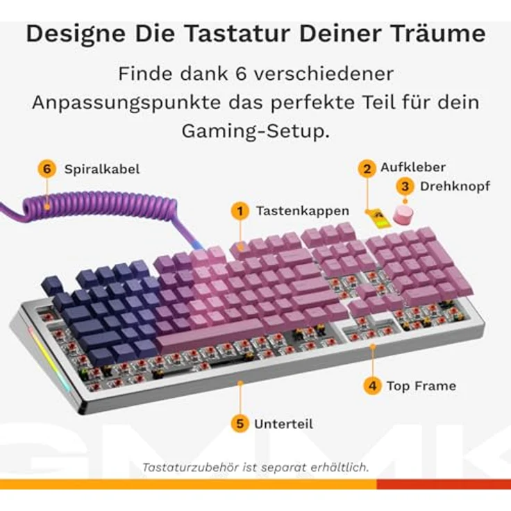Glorious Gaming GMMK 3 PRO: Anpassbare mechanische Tastatur, Full Size 100%, Aluminiumgehäuse & Dichtungssystem, Hot-Swap (MX-Schalter), Schalldämmung, angepasste Tastenkappen - Silber – Bild 4