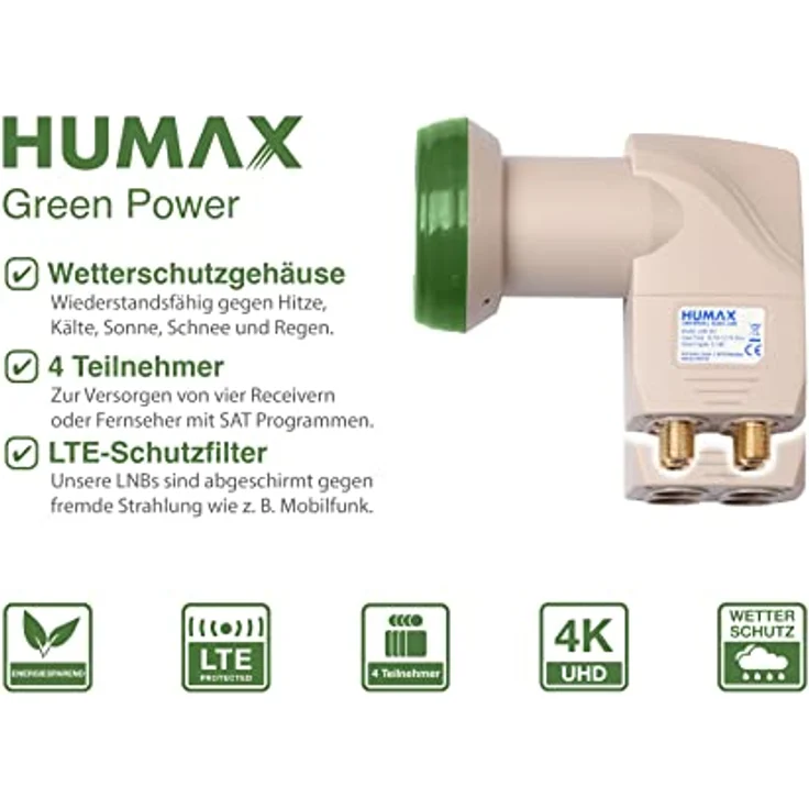 HUMAX Green Power Quad-LNB, 4 Teilnehmer, Satelliten universal LNB, Stromsparend, 4-Fach, LTE-Filter, Wetterschutzgehäuse, vergoldete F-Buchsen, für digitales Fernsehen in HD, Full HD und 4K UHD – Bild 3