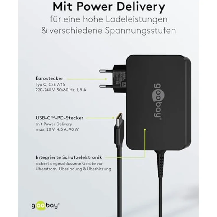 goobay 65420-90W USB C Ladegerät Laptop mit 1,8m Laptop Ladekabel Power Delivery 90w USB C Netzteil - USB C Ladegerät 90w mit Kabel & Überhitzungsschutz für MacBook Pro, Lenovo ThinkPad, Chromebook – Bild 4