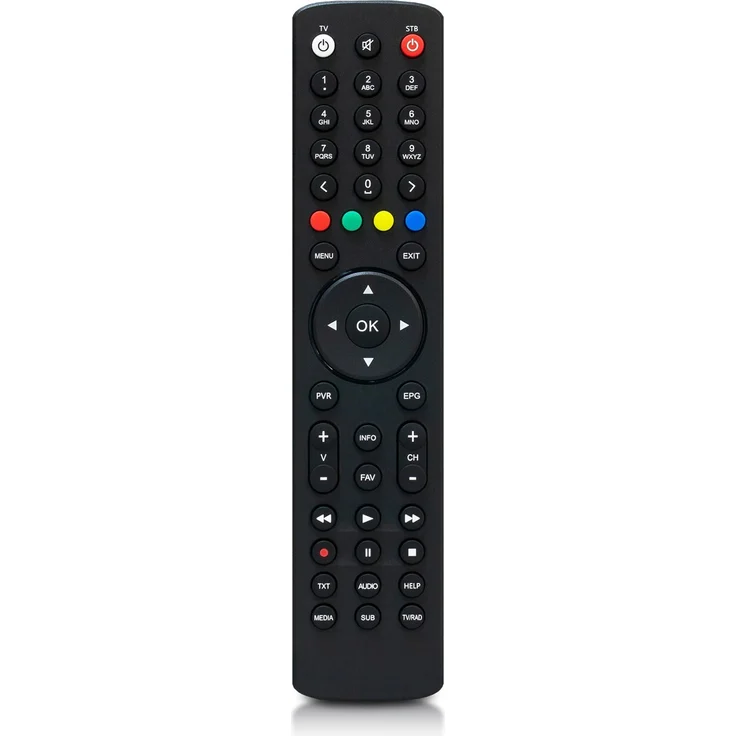 AB-COM AB ALLTV-Fernbedienung (AB CryptoBox und PULSe) - Programmierbare Fernbedienung für verschiedene Receiver, ergonomisches Design mit intuitiver Tastenanordnung, mattes Finish, farbige Tasten (schwarz)