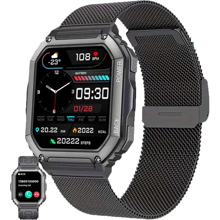 ZPIMY Smartwatch 1.1 Inch AMOLED, 5ATM wasserdicht, Fitness Tracker mit Herzfrequenz, SpO2, Pedometer und 140 Sportmodi für Android iOS