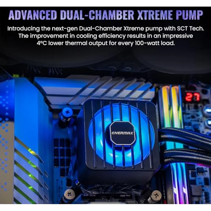 ENERMAX LIQMAXFLO SR 240mm CPU AIO Liquid Cooler (LGA 1700, 1200, AM5, AM4)- Xtreme Dual Chamber PWM Pumpe- ARGB VRM Wasserblocklüfter - 350W+ TDP (2x 120 PWM Silent Flow Fan); ELC-LMF240-SF, schwarz – Bild 4
