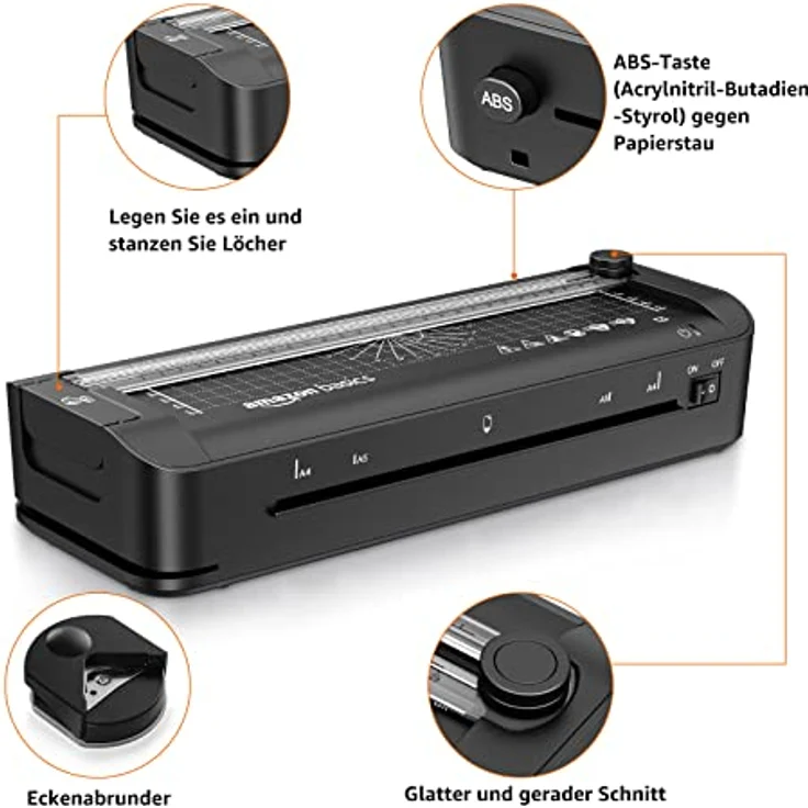 Amazon Basics 3-in-1-Thermolaminiergerät für A4-Größe, mit Funktionen zum Schneiden, Stanzen und Abrunden von Ecken, inkl. 10 Hüllen, EU-Stecker, Schwarz – Bild 3