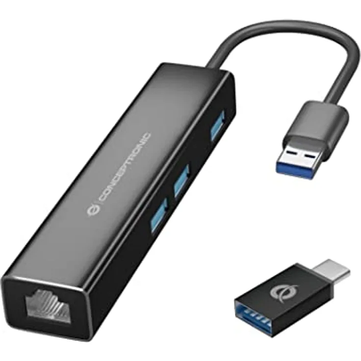 Conceptronic DONN07B/ 3-Port USB Hub with Gigabit Network Adapter incl. USB-C to USB-A Converter Schnittstellen-Hub USB 3.2 Gen 1 (3.1 Gen 1) Type-C 5000 Mbit/s Schwarz