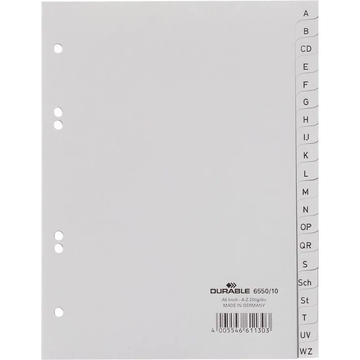 DURABLE Aktenordner Durable 6550 10 Register A Z grau A5 20 Blatt, PP mit geprägten Taben, DIN A5 volldeckend