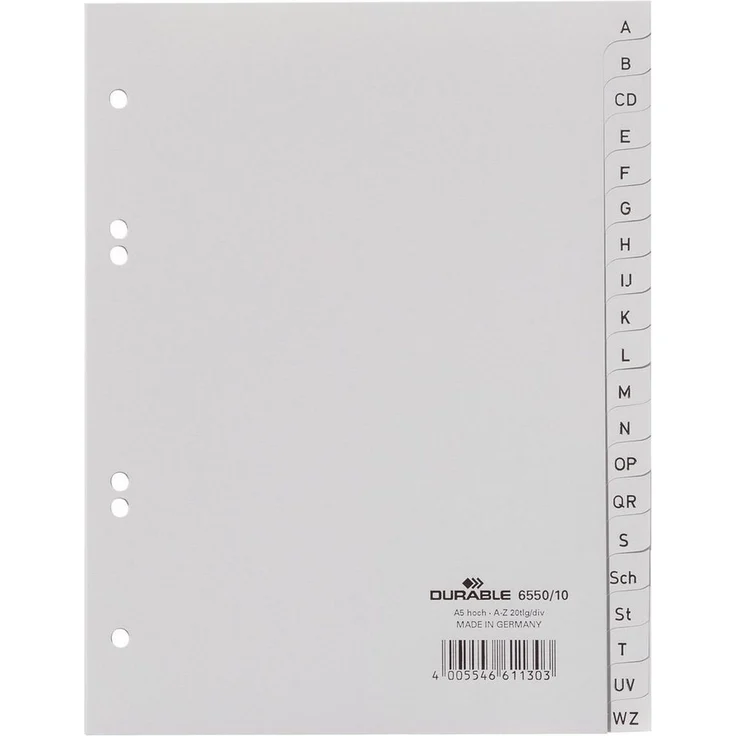 DURABLE Aktenordner Durable 6550 10 Register A Z grau A5 20 Blatt, PP mit geprägten Taben, DIN A5 volldeckend – Bild 1