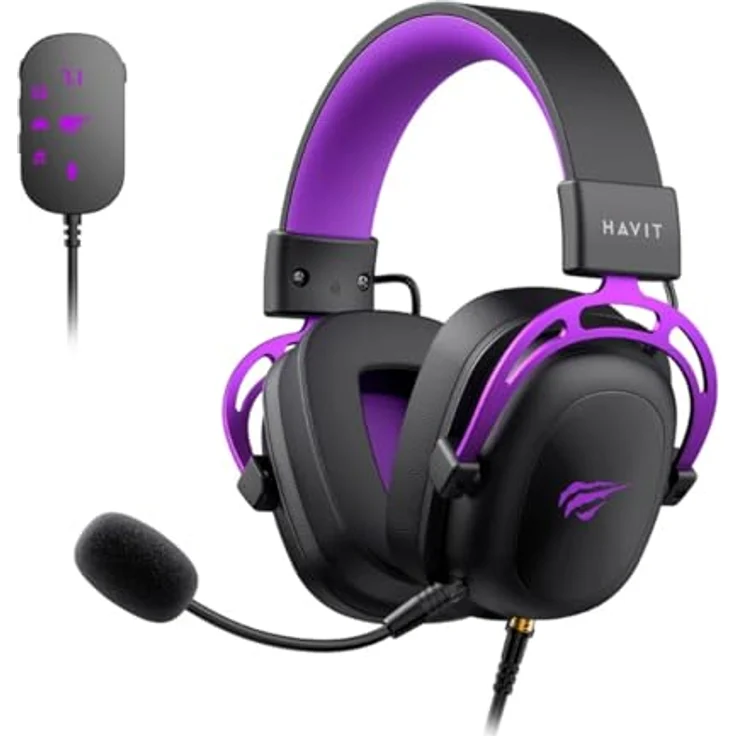 Havit H2002C+U, Kabelgebundenes Gaming Headset mit 53 mm Treibern, virtueller 7.1 USB-Soundkarte, abnehmbaren Mikrofon, Schwarz und Violett – Bild 2