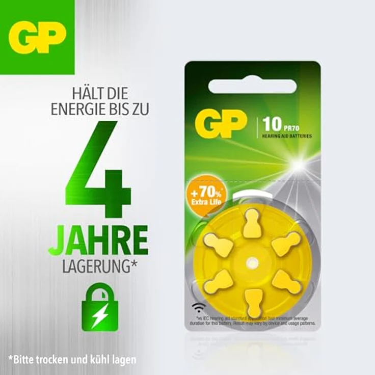 GP Batteries ZA10, 6er Pack Zink-Luft Knopfzellen für Hörgeräte, 1,45 V, Gelb – Bild 2