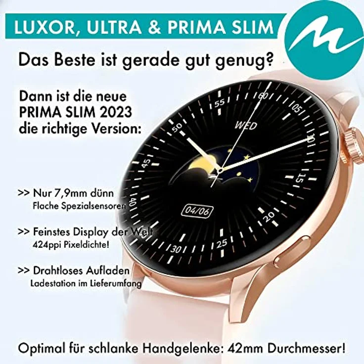 motiofit PRIMA Slim (2023) Smartwatch Fitnesstracker AMOLED Display 7,9mm dünn Always on BT Telefonie, Sprachassistent NFC Gold Body/Rose Silikonband - Preisvergleich – Bild 3