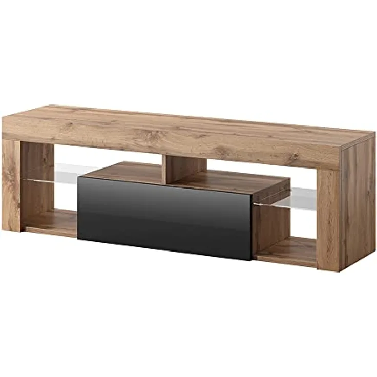 Selsey BIANKO – TV-Lowboard/TV-Schrank Holz-Optik Lancaster Eiche mit Klappe in Schwarz Hochglanz Stehend 140cm