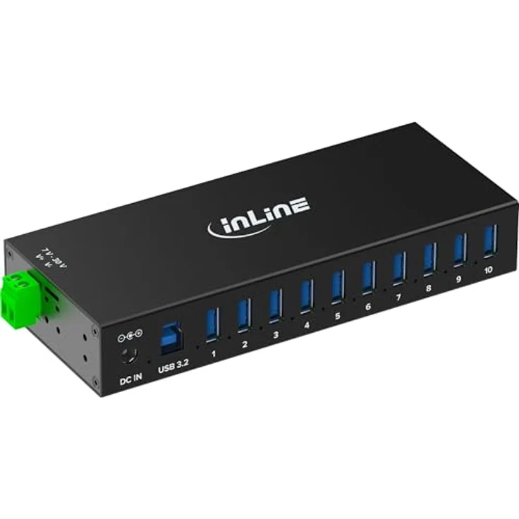 InLine USB 3.2 Gen.1 Industrie-Hub 10 Ports, Aluminiumgehäuse, DIN-Schienen-Montage, aktiver USB-Hub mit Netzteil, 5Gb/s, 35396C – Bild 4