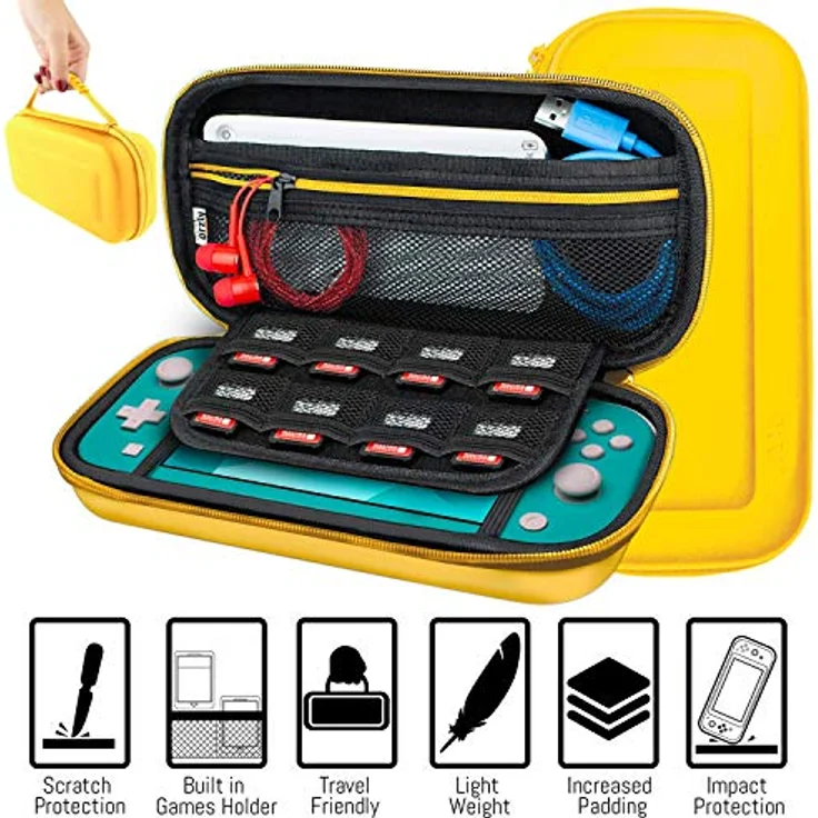 Orzly Switch Lite Accesoires, Zubehör für Nintendo Switch Lite (2019) Panzerglas Schutzfolien, USB Ladekabel, Konsole Tragetasche, Spiele Patronenhülse, Comfort Grip Case, Kopfhörer - Gelb - Preisvergleich – Bild 4