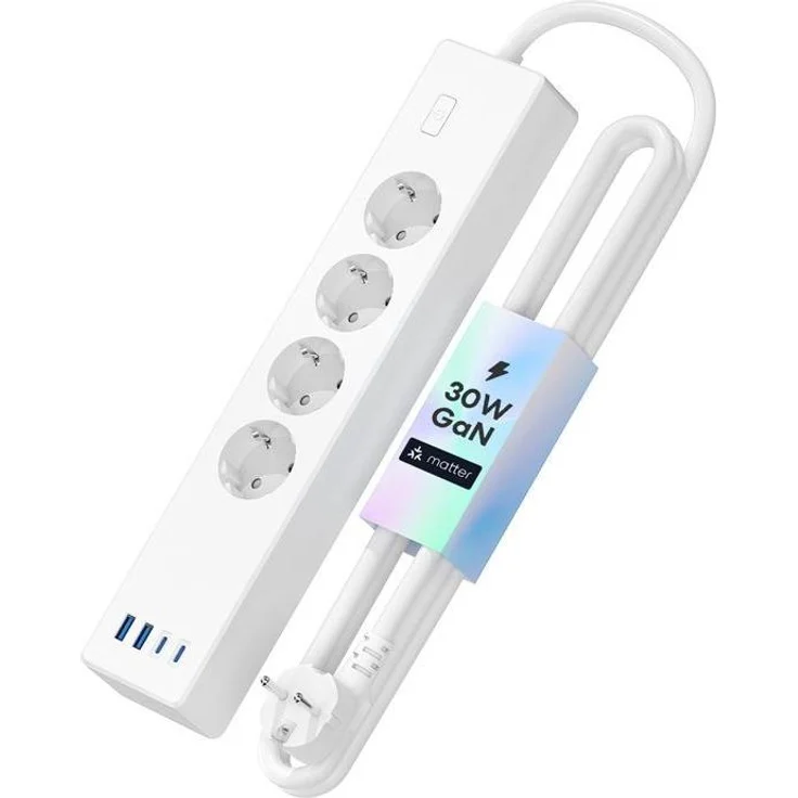 Meross MSP844(EU), Smart Steckdosenleiste mit 4 Steckdosen, 2x USB-A, 2x USB-C, Unterstützung für Matter, schnelles Laden mit 30 W PD, Überlastschutz