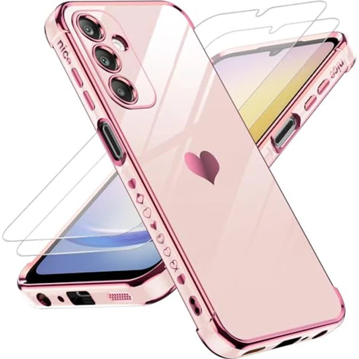 LeYi Hülle für Samsung Galaxy A25 5G, TPU Silikon Galvanik, Cute Herz Muster Rosa, mit 2 Schutzfolien, stoßfest und kratzfest – Bild 1