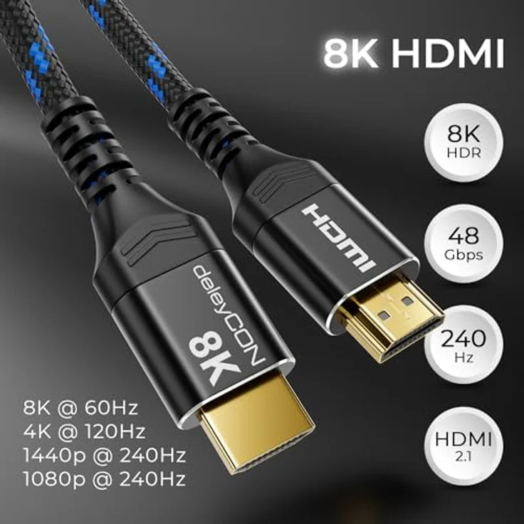 deleyCON 7,5m 8K HDMI 2.1 Kabel, ULTRA Highspeed 48G, 8K@60Hz, 4K@120Hz, Dolby Atmos, eARC, Schwarz Blau – Bild 2