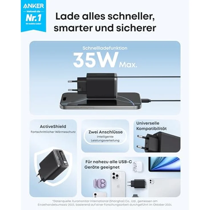 Anker Nano USB-C Ladegerät, 35W Max, kompaktes Netzteil mit 2 Anschlüssen und integriertem Anker InstaCord-Kabel, für iPhone 16 Serie, iPad, Pixel – Bild 2
