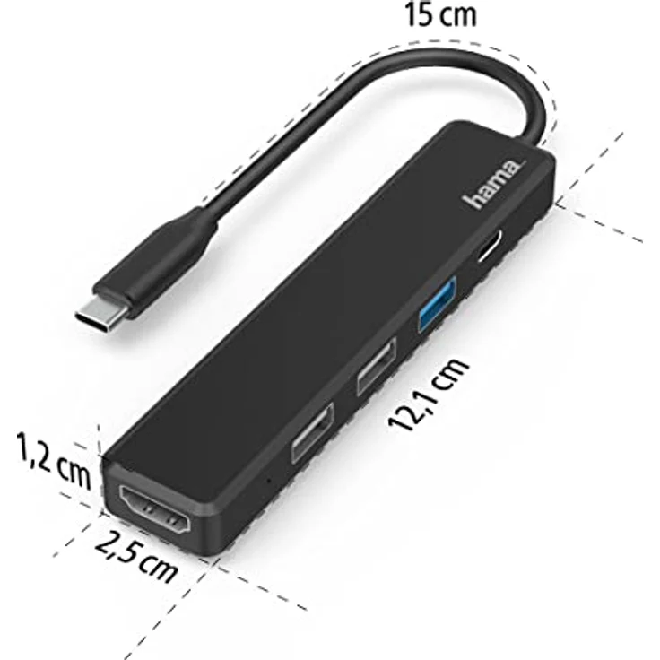 Hama USB C Hub, 5 Anschlüsse (USB C Adapter mit 480 Mbit/s High Speed, HDMI Splitter für 4K Qualität mit USB 3.0, Power Delivery), schwarz – Bild 4