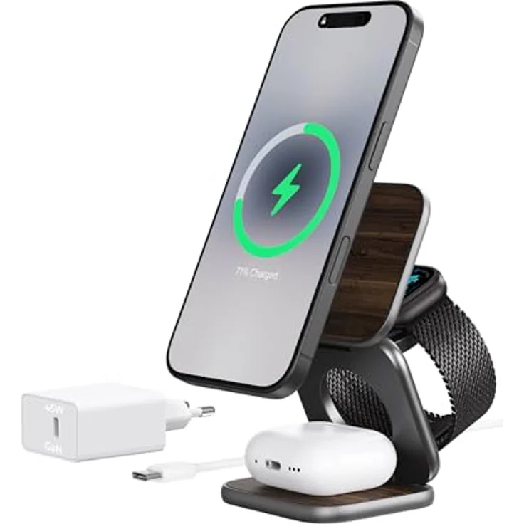 KU XIU XIU X40 Turbo Qi2.2 25W 3-in-1 Ladestation für iPhone 17/16/15/14/13/12, Aluminium-Design mit 45W GaN Adapter, 5W für iWatch und kabellose Ohrhörer, faltbar – Bild 1