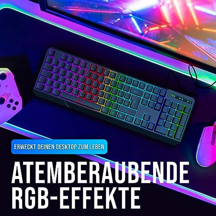 KLIM Chroma Tastatur Gamer QWERTZ DEUTSCHE mit USB Kabel - Hohe Leistung - bunte Beleuchtung Gaming Tastatur ( schwarz ) RGB PC Windows, Mac – Bild 5