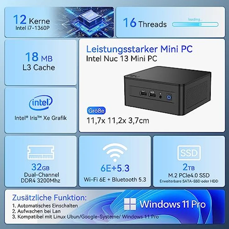 Intel NUC 13 Pro Mini PC Core i7-1360P |12 Kerne 16 Threads NUC13ANHi7 Mini Desktop Computer| 32GB RAM 2TB SSD| Windows 11 Pro Desktop Computer| 4K/8K UHD| HDMI| 2 x Thunderbolt 4| WiFi 6E| BT5.3 – Bild 2