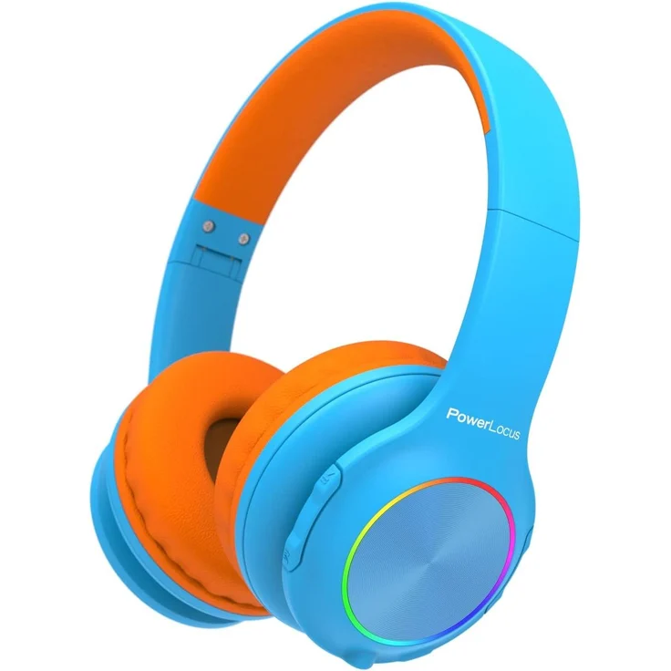 PowerLocus PLED Bluetooth-Kinderkopfhörer, mit farbigen LED-Leuchten, Lautstärkebegrenzung, blau/orange
