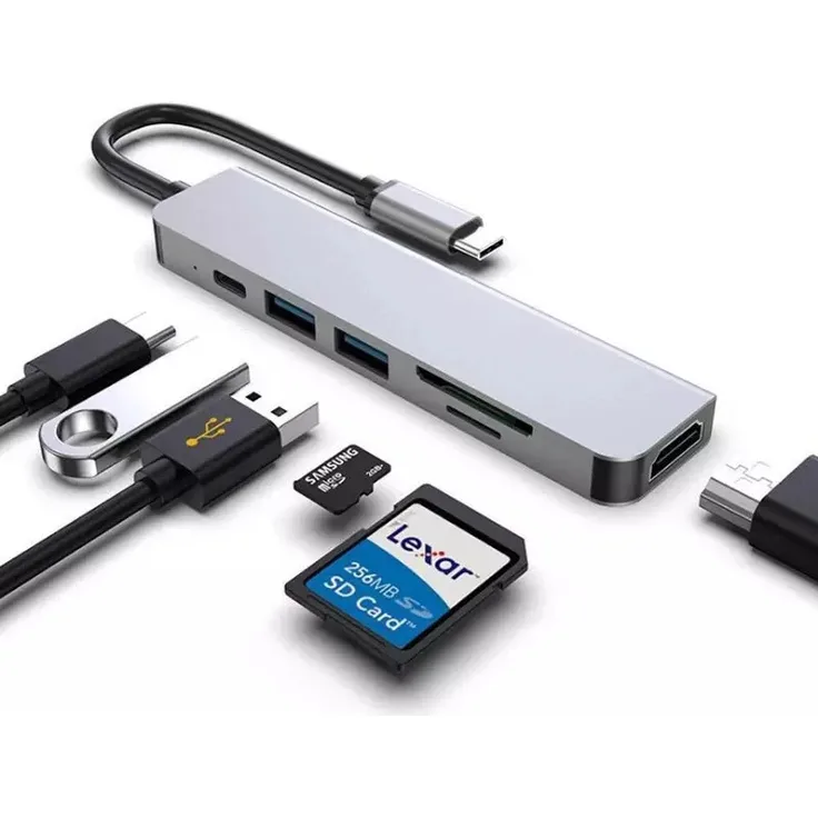 TradeNation USB C Hub 6 in 1 Adapter HDMI 4K USB 3.0 Micro SD für TV Macbook Laptop Samsung, Aluminiumverarbeitung, schnelles Laden, silber