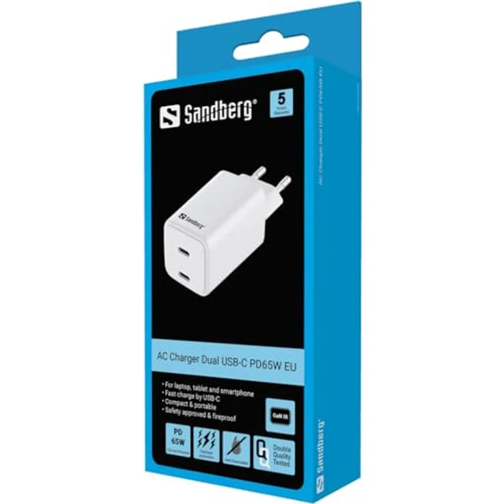 Sandberg AC Charger Dual USB-C PD65W, kompaktes USB-Ladegerät mit 2 Anschlüssen, Weiss – Bild 4