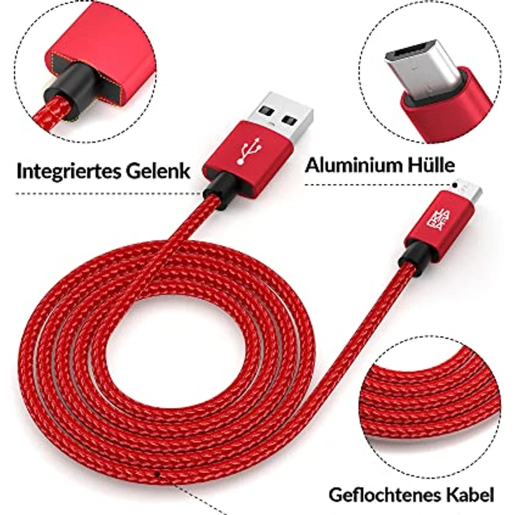 JAMEGA Premium Micro USB Kabel | Nylon geflochtenes 2m Ladekabel für Micro USB Geräte - Rot – Bild 4
